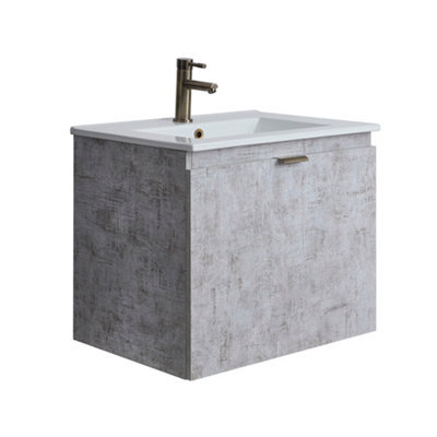 Homestylestore 600mm Concrete Grey Wall Hung Bathroom Vanity Unit And Brushed Gold Finger Pull Handle - image 1