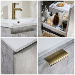 Homestylestore 600mm Concrete Grey Wall Hung Bathroom Vanity Unit And Brushed Gold Finger Pull Handle - thumbnail 4