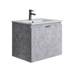 Homestylestore 600mm Concrete Grey Wall Hung Bathroom Vanity Unit And Brushed Gold Finger Pull Handle - thumbnail 1