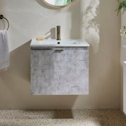 Homestylestore 600mm Concrete Grey Wall Hung Bathroom Vanity Unit And Brushed Gold Finger Pull Handle - thumbnail 2