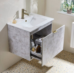 Homestylestore 600mm Concrete Grey Wall Hung Bathroom Vanity Unit And Brushed Gold Finger Pull Handle - thumbnail 3