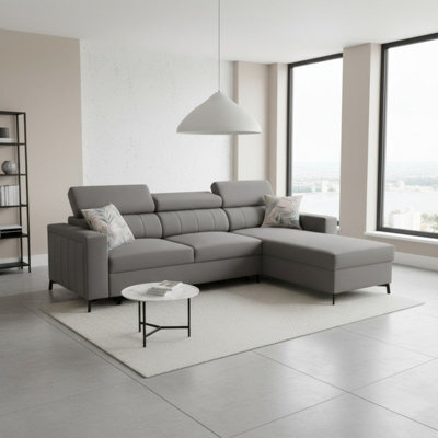Baltico Mini Compact Corner Sofa Adjustable Headrests Pull Out Guest Bed Contemporary L Shaped Fabric Couch Grey Right - image 1