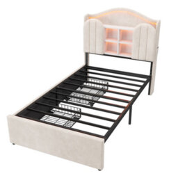 Modernluxe 3Ft Single Bed, 90 X 190 Cm, With Led Storage Headboard, Charging Station & Drawers, Cream White, Velvet - thumbnail 9
