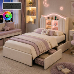 Modernluxe 3Ft Single Bed, 90 X 190 Cm, With Led Storage Headboard, Charging Station & Drawers, Cream White, Velvet - thumbnail 1
