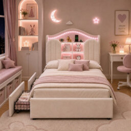 Modernluxe 3Ft Single Bed, 90 X 190 Cm, With Led Storage Headboard, Charging Station & Drawers, Cream White, Velvet - thumbnail 2