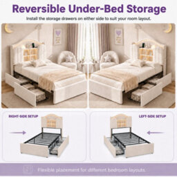 Modernluxe 3Ft Single Bed, 90 X 190 Cm, With Led Storage Headboard, Charging Station & Drawers, Cream White, Velvet - thumbnail 5