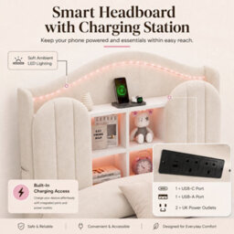 Modernluxe 3Ft Single Bed, 90 X 190 Cm, With Led Storage Headboard, Charging Station & Drawers, Cream White, Velvet - thumbnail 6