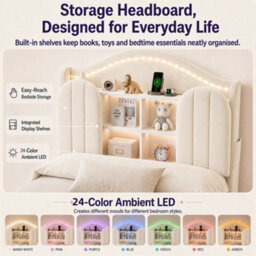 Modernluxe 3Ft Single Bed, 90 X 190 Cm, With Led Storage Headboard, Charging Station & Drawers, Cream White, Velvet - thumbnail 7