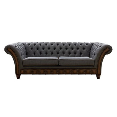 Chesterfield 3 Seater Sofa Antique Brown Leather Marinello Pewter Fabric In Jepson Style - image 1