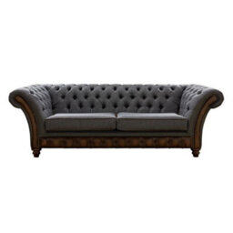 Chesterfield 3 Seater Sofa Antique Brown Leather Marinello Pewter Fabric In Jepson Style - thumbnail 1