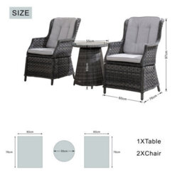 Abrihome 3-Piece Outdoor Rattan Bistro Set - 2 Pcs Rattan Chairs, Aluminium Table With 5mm Tempered Glass, Grey - thumbnail 7