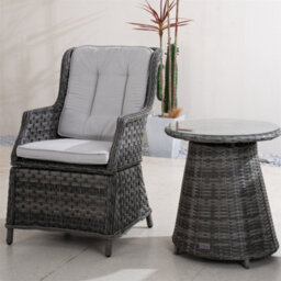 Abrihome 3-Piece Outdoor Rattan Bistro Set - 2 Pcs Rattan Chairs, Aluminium Table With 5mm Tempered Glass, Grey - thumbnail 2
