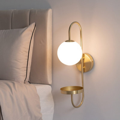 Valuelights Milo Frosted Glass Globe Shade Curved Brushed Gold Wall Light With Shelf & Bulb - image 1
