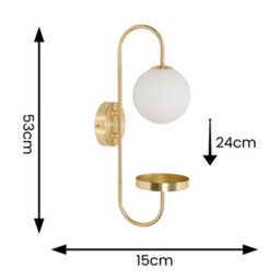 Valuelights Milo Frosted Glass Globe Shade Curved Brushed Gold Wall Light With Shelf & Bulb - thumbnail 6
