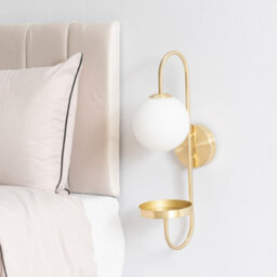 Valuelights Milo Frosted Glass Globe Shade Curved Brushed Gold Wall Light With Shelf & Bulb - thumbnail 5