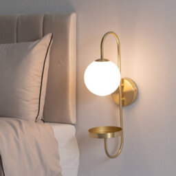 Valuelights Milo Frosted Glass Globe Shade Curved Brushed Gold Wall Light With Shelf & Bulb - thumbnail 1
