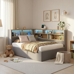 Btm 3Ft L-Shaped Upholstered Daybed With Storage, Led & Usb, Hydraulic Sofa Bed, Velvet Grey - thumbnail 4