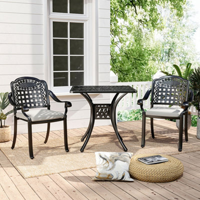 Living And Home Set Of 3 Black Retro Cast Aluminum Garden Dining Square Table And Chairs Set With Parasol Hole - image 1