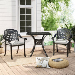 Living And Home Set Of 3 Black Retro Cast Aluminum Garden Dining Square Table And Chairs Set With Parasol Hole - thumbnail 1