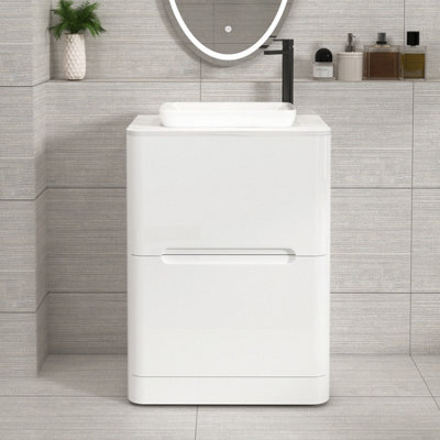 Royal Bathrooms Venice 600mm Gloss White Freestanding Bathroom Countertop Vanity Unit 2 Drawer With Qubix Basin - image 1