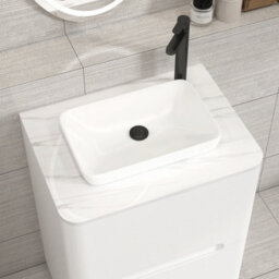 Royal Bathrooms Venice 600mm Gloss White Freestanding Bathroom Countertop Vanity Unit 2 Drawer With Qubix Basin - thumbnail 6