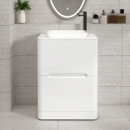Royal Bathrooms Venice 600mm Gloss White Freestanding Bathroom Countertop Vanity Unit 2 Drawer With Qubix Basin - thumbnail 1