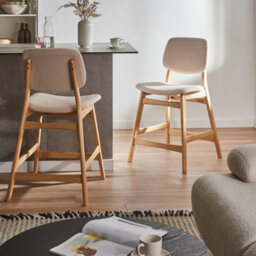Wyld and Coco Lumira Home Set Of 2 Armless Bar Chairs, Light Brown Rubberwood, Beige Boucle Seats - thumbnail 2