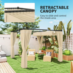Outsunny 3 X 3(M) Pergola With Retractable Roof And Curtains, Khaki - thumbnail 4