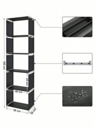 Songmics  Storage Shelf, 5-Tier Bookcase, Garment Organiser, Each Shelf Holds 5 Kg, 50 X 30 X 180 Cm, Black - thumbnail 5