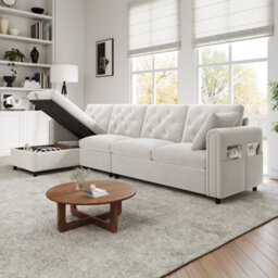 Btm Beige Velvet Corner Sofa With Storage Chaise, Button Tufted Backrest, 281  X 86  X 71 Cm - thumbnail 6