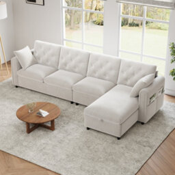 Btm Beige Velvet Corner Sofa With Storage Chaise, Button Tufted Backrest, 281  X 86  X 71 Cm - thumbnail 5