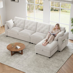 Btm Beige Velvet Corner Sofa With Storage Chaise, Button Tufted Backrest, 281  X 86  X 71 Cm - thumbnail 3