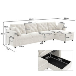 Btm Beige Velvet Corner Sofa With Storage Chaise, Button Tufted Backrest, 281  X 86  X 71 Cm - thumbnail 2