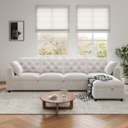 Btm Beige Velvet Corner Sofa With Storage Chaise, Button Tufted Backrest, 281  X 86  X 71 Cm - thumbnail 1