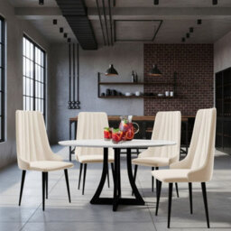 Dining Table Set 4 Chairs 100Cm Fixed Top Wooden Legs White Black Cream - thumbnail 1