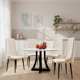 Dining Table Set 4 Chairs 100Cm Fixed Top Wooden Legs White Black Cream - thumbnail 2