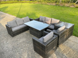 Fimous 8 Seater Outdoor Rattan Garden Furniture Adjustable Rising Lifting Table Chairs Dark Grey Mixed - thumbnail 2