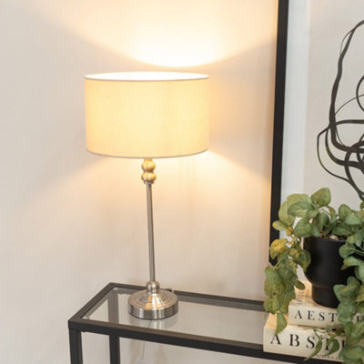Valuelights Maggie Brushed Chrome Candlestick Table Lamp With Natural Fabric Drum Shade And Led Bulb - image 1