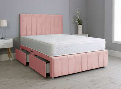 Comfy Deluxe 5Ft King Panel Pink Plush Divan Bed Set Headboard & Footboard 4 Drawers - image 1