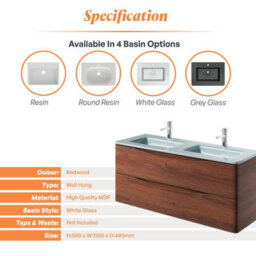 Plum&clay Eden Redwood Wall Hung Vanity Unit With White Glass Basin (W)1200mm - thumbnail 7
