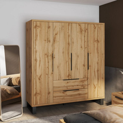 Arte Halle Hinged Door Wardrobe 191Cm Oak Wotan & Black, 4-Door Bedroom Wardrobe With Dual Rails, Shelves & Drawers - image 1