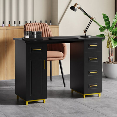 Living And Home Black Gold Manicure Table Nail Desk With 5 Drawers And Wrist Cushion, 110Cm(W) X 45Cm(D) X 75Cm(H) - image 1