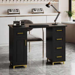 Living And Home Black Gold Manicure Table Nail Desk With 5 Drawers And Wrist Cushion, 110Cm(W) X 45Cm(D) X 75Cm(H) - thumbnail 2