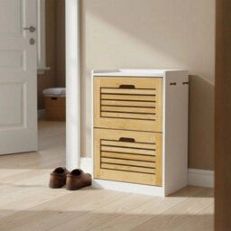 Wooden Shoe Cabinet With 2/3 Bamboo Flip Drawers And Backboard For Entryway New Wood Color 2 Doors Shoe Cabinet - thumbnail 5