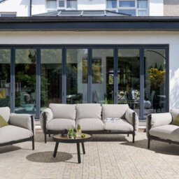 Beliani Aluminium Garden 3-Seater Sofa Set With 2 Armchairs Black Frame Light Grey Cushions - thumbnail 2