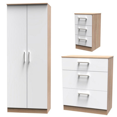 Devon 3 Piece Bedroom Set (Wardrobe, Chest & Bedside) In White Matt & Bardolino Oak - Ready Assembled - image 1