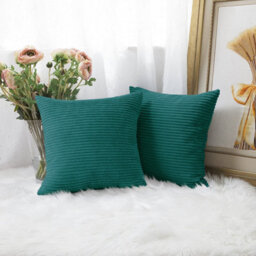 Ameha Stripe Velvet Teal Cushion Cover 18X18 Inch Set Of 2, Soft Breathable Hypoallergenic Zip Closure