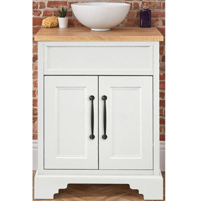 Homestylestore Antique White And Oak 645mm Bathroom Vanity Unit With Round Countertop Basin And Black T Bar Handles - image 1
