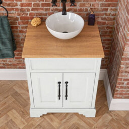 Homestylestore Antique White And Oak 645mm Bathroom Vanity Unit With Round Countertop Basin And Black T Bar Handles - thumbnail 2