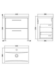 Hudson Reed Wall Hung 2-Drawer Vanity & Basin, Contemporary Design, Midnight Blue Matt Finish, Vitreous China, 610X390X579mm - thumbnail 6